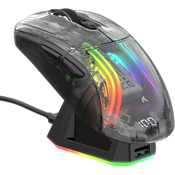 X2 Pro Wireless Gaming Mouse with RGB Charging Dock,Tri-Mode PC Gaming Mice 2.4G/Bluetooth/Wired,Noiseless Mouse RGB Backlit,Transparent Shell,PixArt