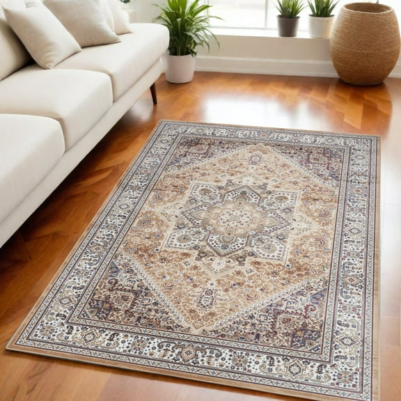 5' X 7' Beige Gold and Red Floral Medallion Distressed Non Skid Area Rug