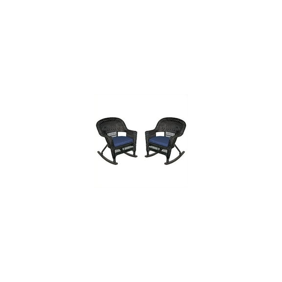 Jeco Black Rocker Wicker Chair with Midnight Blue Cushion - Set of 2
