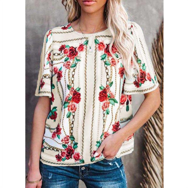 Nouveau Femmes Imprimé Floral Col Rond Boho Sexy Casual Tops Vintage Manches Courtes T Shirts Plus Tailles Coldker