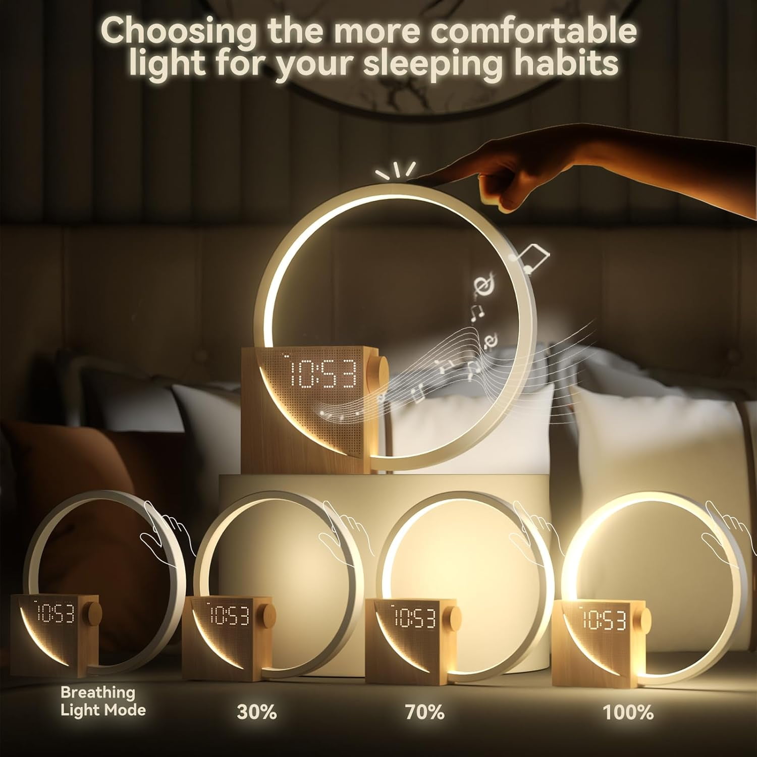 Sunrise Alarm Clock with Gradual Wake-up Light, 10 White Noise Sounds, Touch Dimmable Light & Dual Alarms with Snooze for Heavy Sleepers, Wood Grain