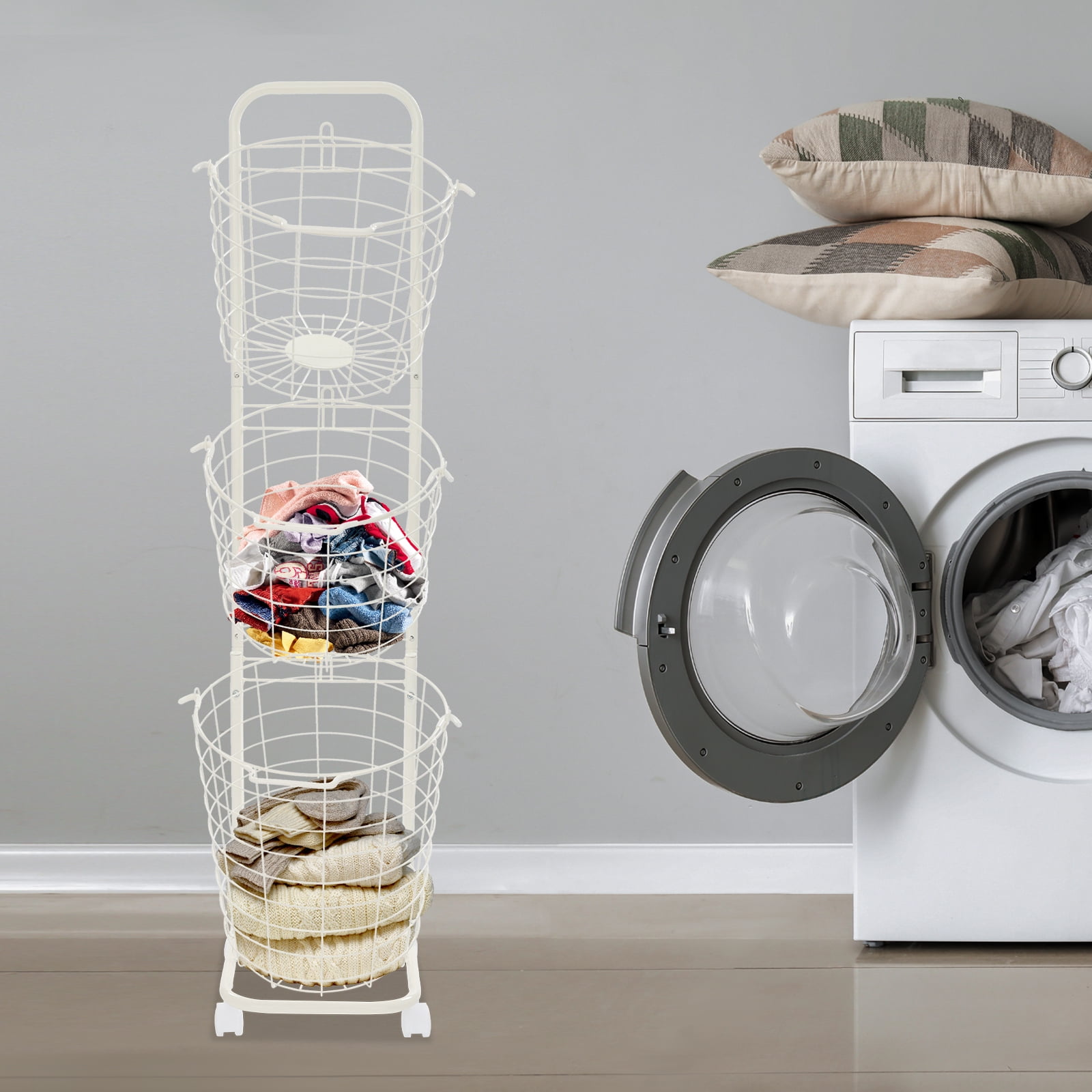 3-tier Laundry Hamper, Laundry Basket with Wheels and 3 Removable Basket White