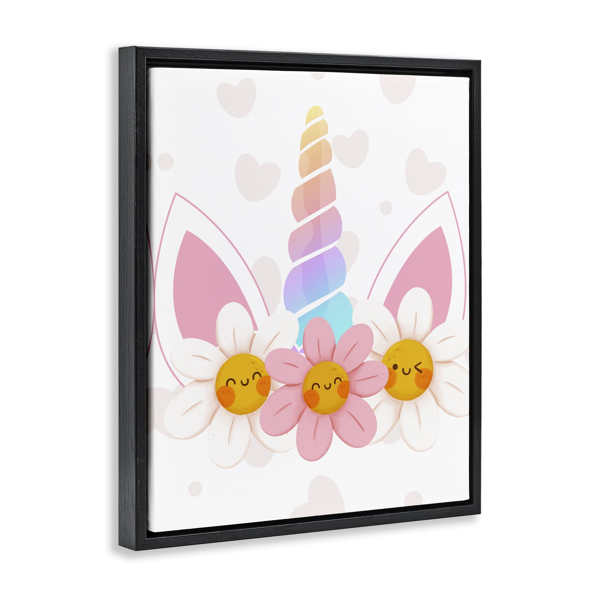 Daisy Unicorn with Hearts Black Framed Floater Canvas Wall Art, design by Jesse Keith
