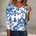 thumbnail image 2 of CYMMPU Tunic Tops 3/4 Sleeve Blouses for Women Dressy Casual Round Neck Loose Fit Spring Tops Summer Fashion Shirts Floral Printed Lightweight Basic T-Shirts Blue L, 2 of 7