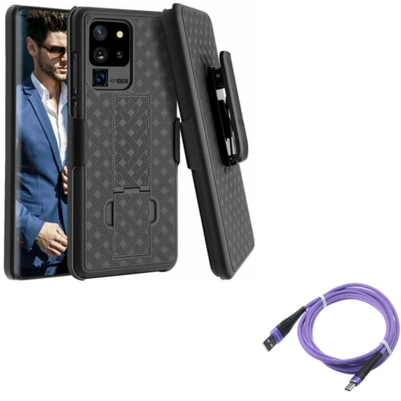 Case Belt Clip w 10ft USB Cable for Samsung Galaxy S20 Ultra - Holster Swivel Cover, Purple Type-C Charger Cord fits Samsung Galaxy S20 Ultra
