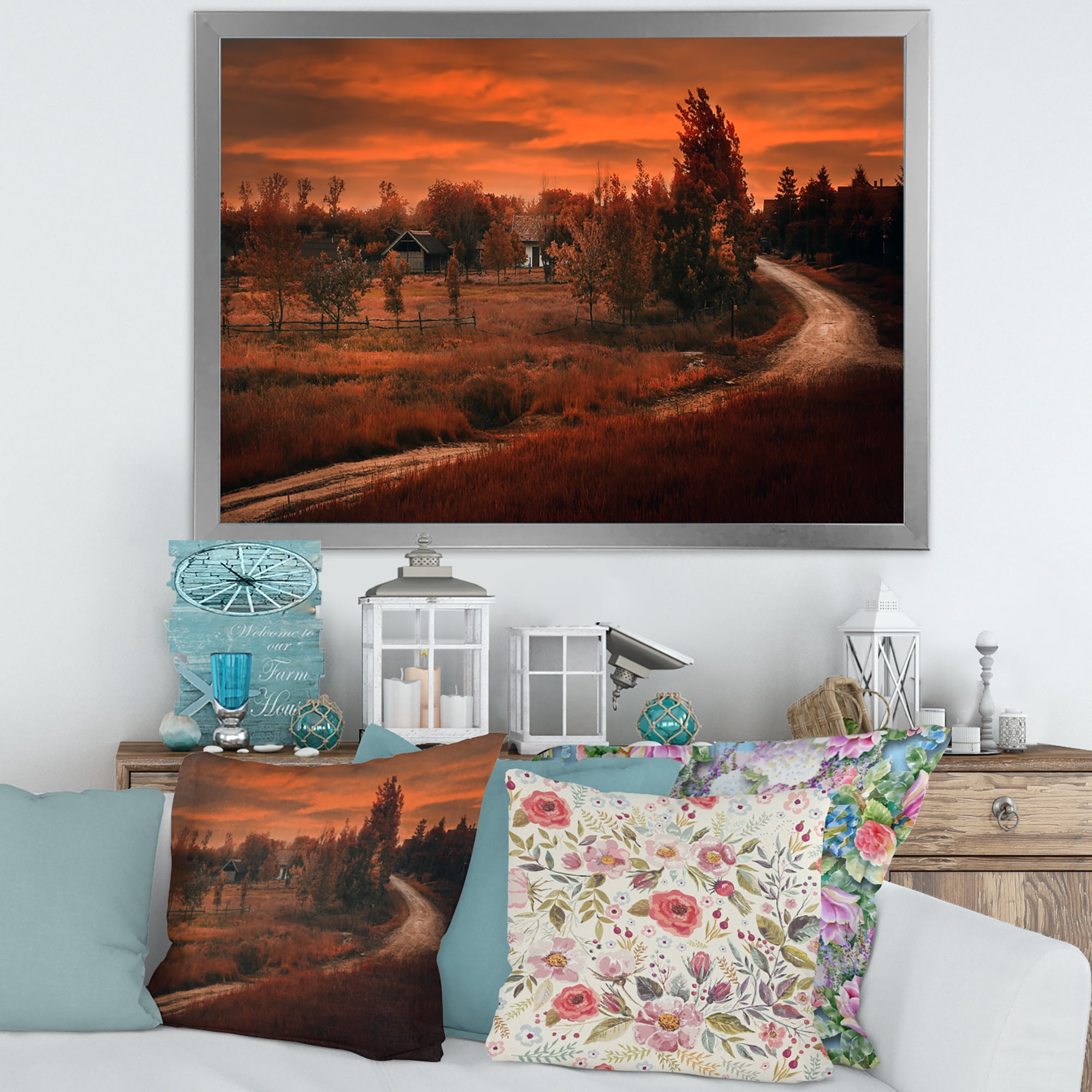 Designart 'The Road By The Farm In Dark Pink Sunset' Farmhouse Framed Art Print