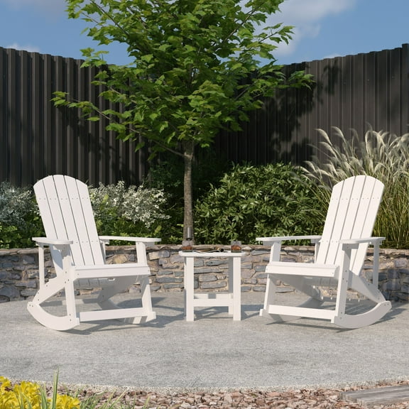 Merrick Lane 3 Piece Adirondack Patio Furniture Set Includes 2 White All-Weather Rocking Chairs and Side Table