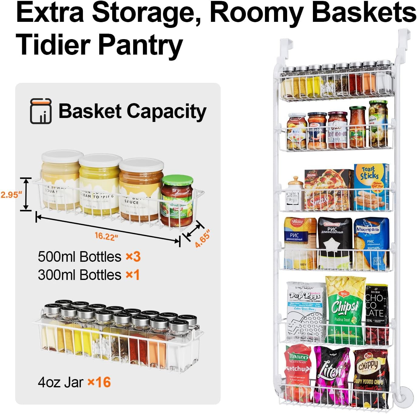 6-Tier Over the Door Pantry Organizer, Heavy-Duty Metal Pantry Door Organizer with 6 Baskets, Hanging Storage Door Organization Kitchen Door Rack, White