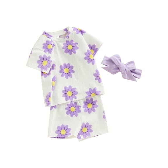 JYYYBF Baby Girls Shorts Set, Flower Print Short Sleeve T-shirt Elastic Waist Shorts with Hairband Summer Outfit