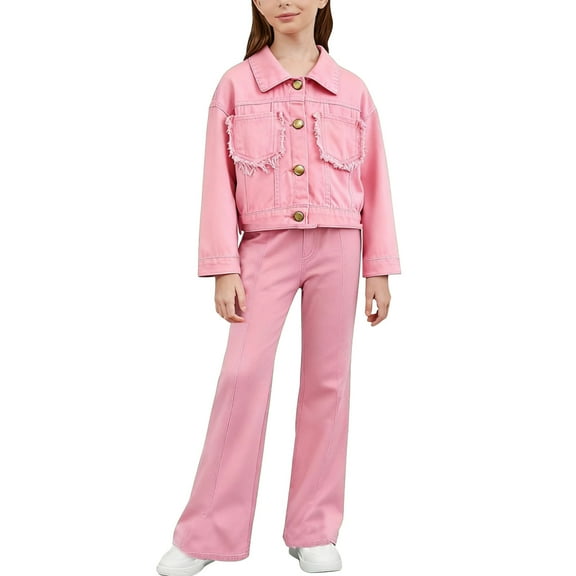 STETMN Girl's 2 Piece Casual Outfits Ripped Button Up Jacket Baggy Denim Pant Set for 3-13Y Kids