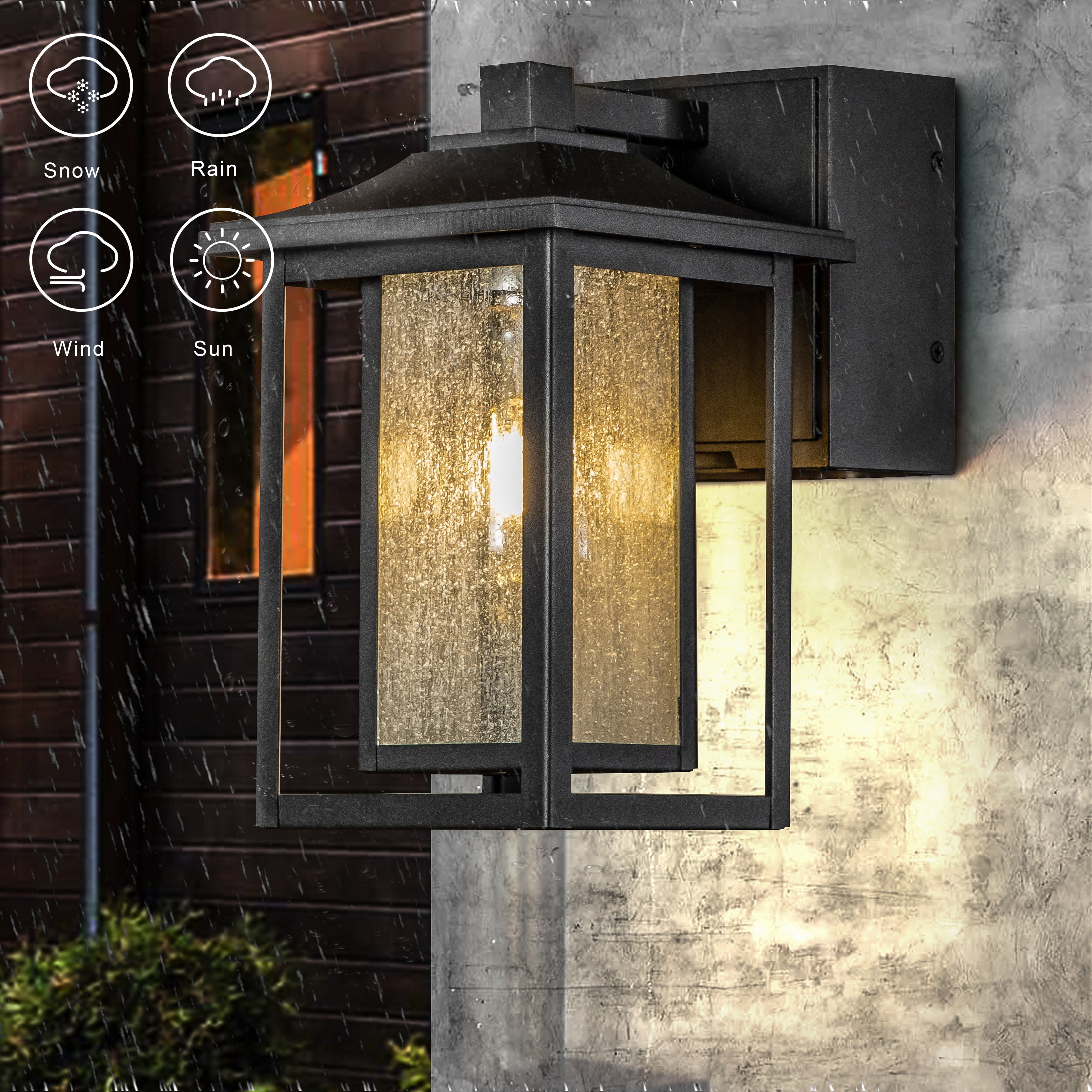 1 Light Black Dusk to Dawn Sensor Outdoor Wall Sconces with Seeded Glass and built-in GFCI Outlets