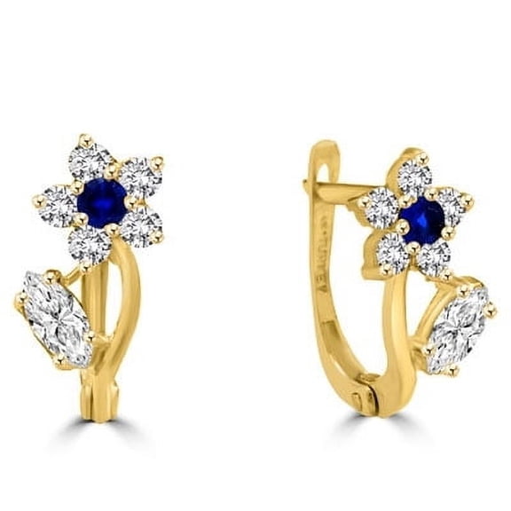 Prong Set Flower Leaf Earrings with Artificial Round Sapphire and Marquise Melee Diamonds by Diamond Essence set in 14K Solid Yellow Gold