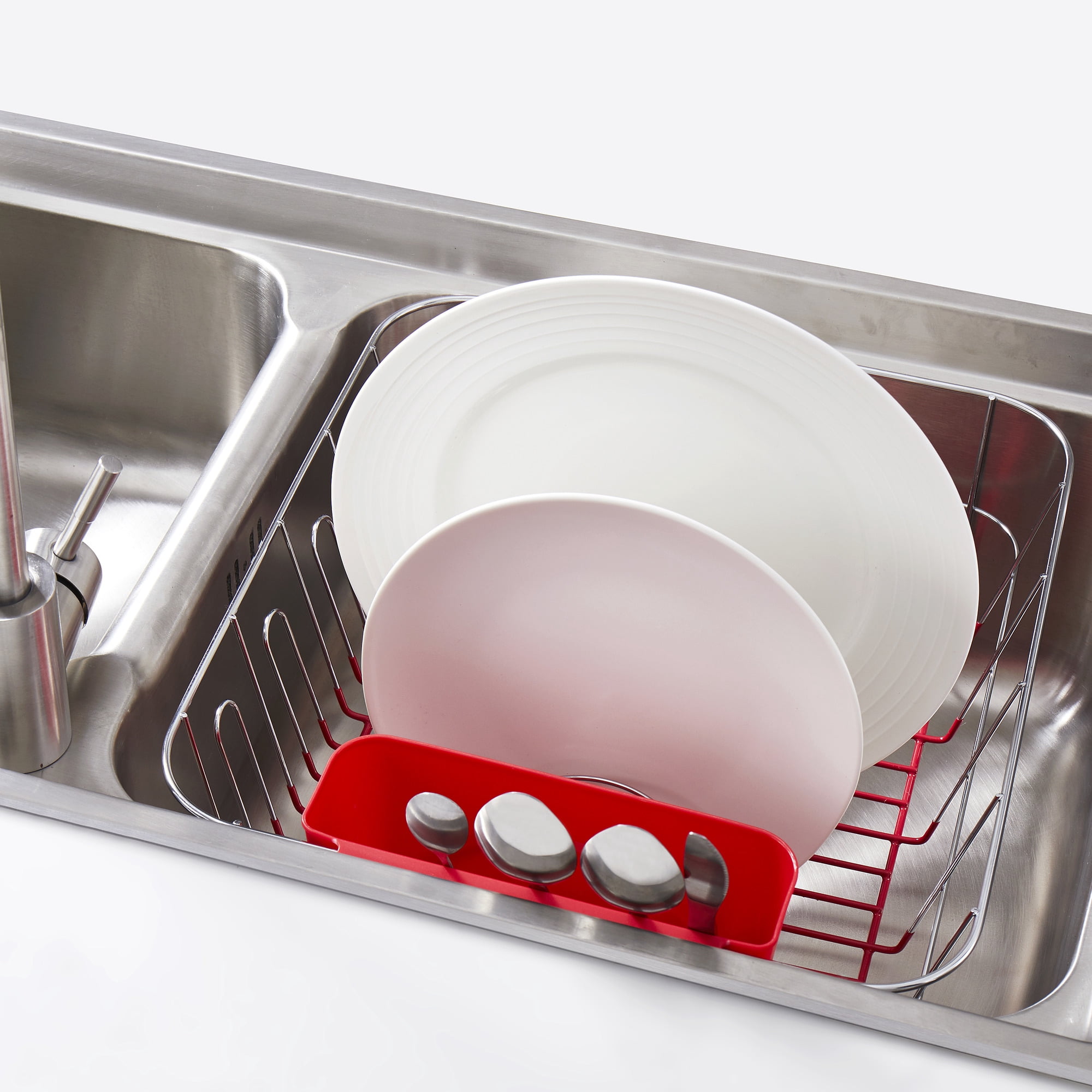 2 Piece Chrome Plated Steel Small Compact Dish Drainer, Red