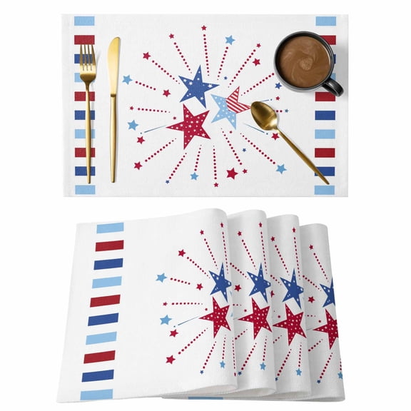 Independence Day Placemats Set of 6, 4th of July Red Blue Striped Stars Patriotic Placemats for Dining Table, Place Mats for Kitchen Tabletop, Waterproof Wipeable Dining Table Mats Set