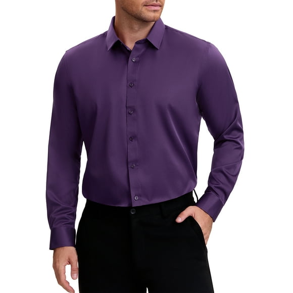 CAMISAS DE VESTIR FORMAL DE MANGA LARGA CON CUELLO PUNTA PARA HOMBRE EN COLOR SÓLIDO MORADO OSCURO TALLA S