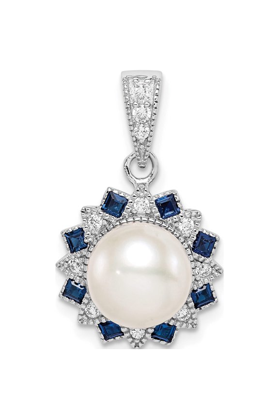 Sterling Silver Rh-Plated Fwc Pearl/Syn. Blue Spinel Flower Pendant Made In Myanmar/Burma qp5074