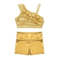 thumbnail image 4 of Doomiva Kids Girls Sequin Ruffle Crop Top with Shorts Set Sport Workout Gymnastics Dance Outfit Tracksuit Gold 12, 4 of 7