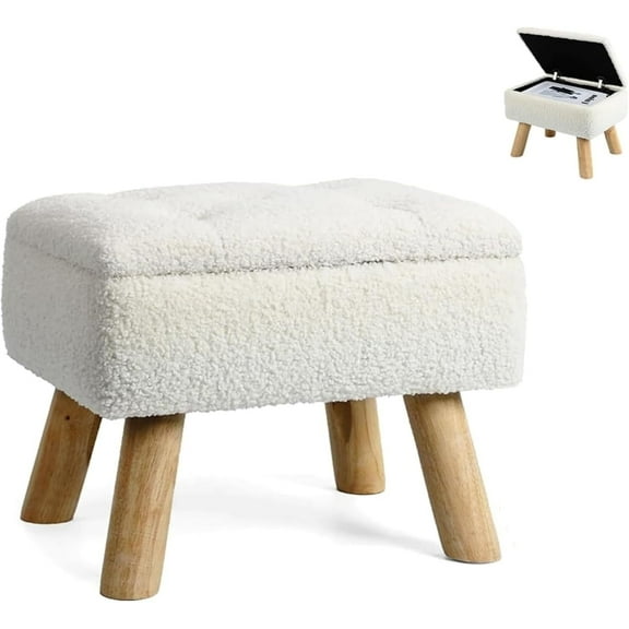 BTY White Teddy Fabric Storage Ottoman, 2-in-1 Stool with Lift Top and Hidden Compartment | Plush Upholstered Bench for Living Room, Bedroom, and Entryway