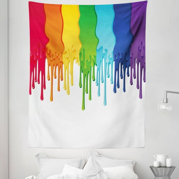 Abstract Tapestry, Rainbow Colored Paint Leaking Splattered Drops Creative Graphic Design, Fabric Wall Hanging Decor for Bedroom Living Room Dorm, 5 Sizes, Multicolor, by Ambesonne
