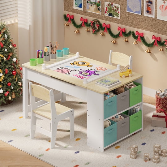Aiho 3 in 1 Kid Table & Chair Set, Child Activity Table, Kids Table Set Painting with Cabinet for Daycare, Classroom, Home - Natural