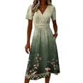 thumbnail image 4 of Women's V Neck Short Sleeve Dress Floral Print A Line Midi Casual Summer Outfit Flowy Lightweight Party Wear Vacation Boho Chic Paisley Abstract Dark Green L, 4 of 5