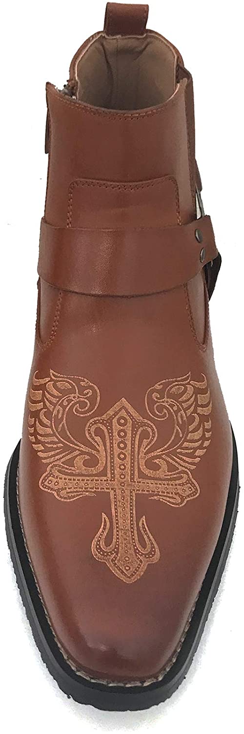 Men's Cowboy Boots Western Leather Lined Ankle Harness Strap Side Zipper Shoes - image 3 of 5