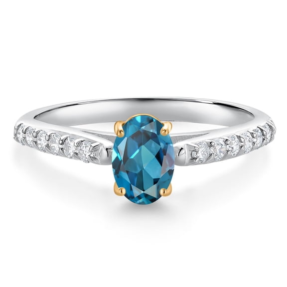 Gem Stone King 10K White and Yellow Gold London Blue Topaz and White Lab Grown Diamond Engagement Ring for Women (1.18 Cttw, Oval 7X5MM, Gemstone November Birthstone, Size 8)