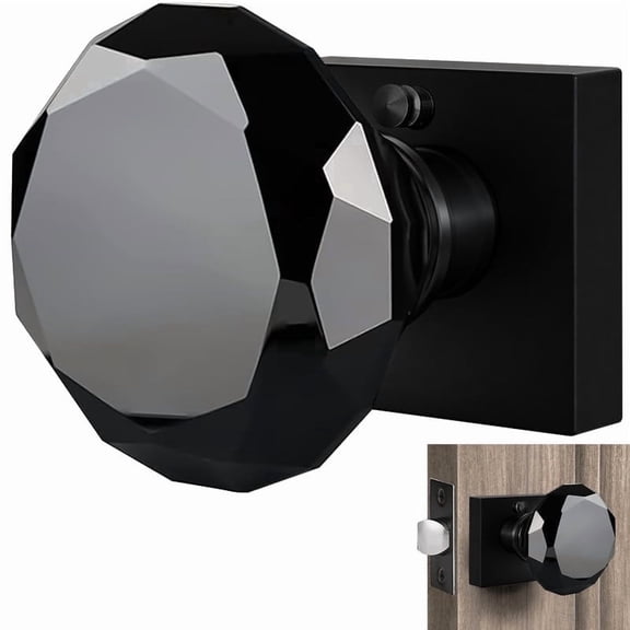 Balin Designs Black Crystal Door Knob with Lock, Glass Door Knobs Interior Privacy Set, Square Vintage Decorative Antique Style Handle for Bedroom, Bathroom, Closet, 1 Pack