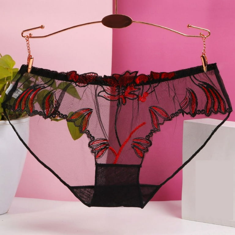 Cotton Crotch Hip Lift Transparent Embroidered Lace Briefs Women Panties  Mesh Underwear Lingerie XL BLACK 2 