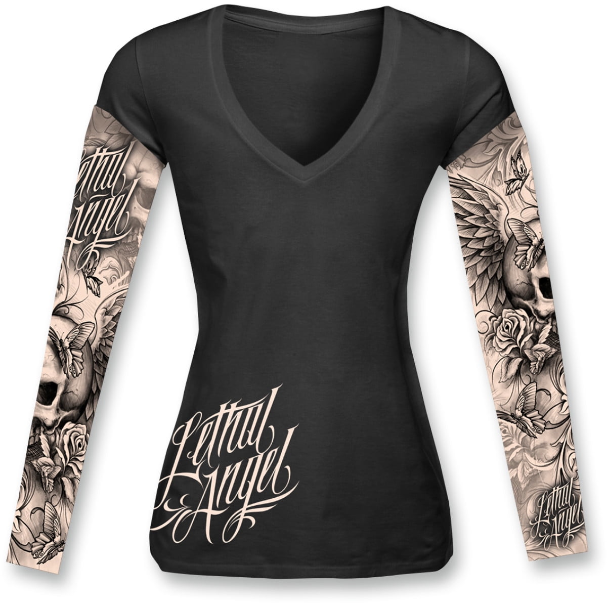 Lethal Threat Skull and Tattoo Womens Long Sleeve TShirt Black