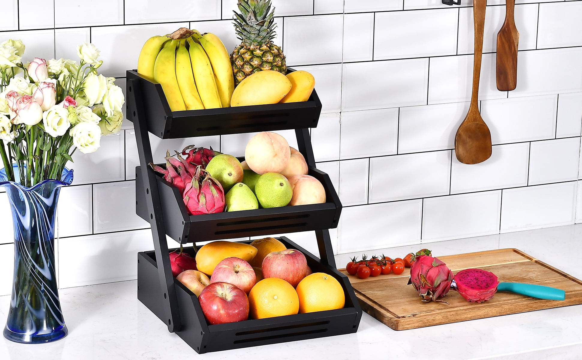 Fruit Basket, 3 Tier Bamboo Fruit Bowl for Kitchen Counter, Fruit Stand Storage Holder for Vegetables and Snack, 15 mm Thickness (Self-Assembly)