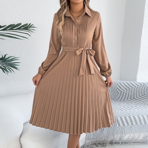 Gamivast Shirt Dresses for Women Long Sleeve Lapel Collar Button Down Midi Dress Pleated Hem Tie Waist A Line Dress Business Casual Work Office Daily