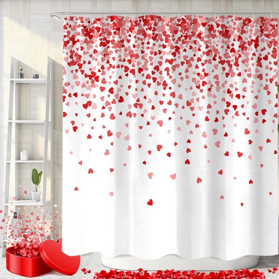 Cute Valentines Day Shower Curtain, Valentine''s Red Pink Heart Love Decor Fabric Shower Curtains Set for Bathroom Decoration with Hooks 72 X 72 Inch Trendy Valentine Hearts Bath Decor