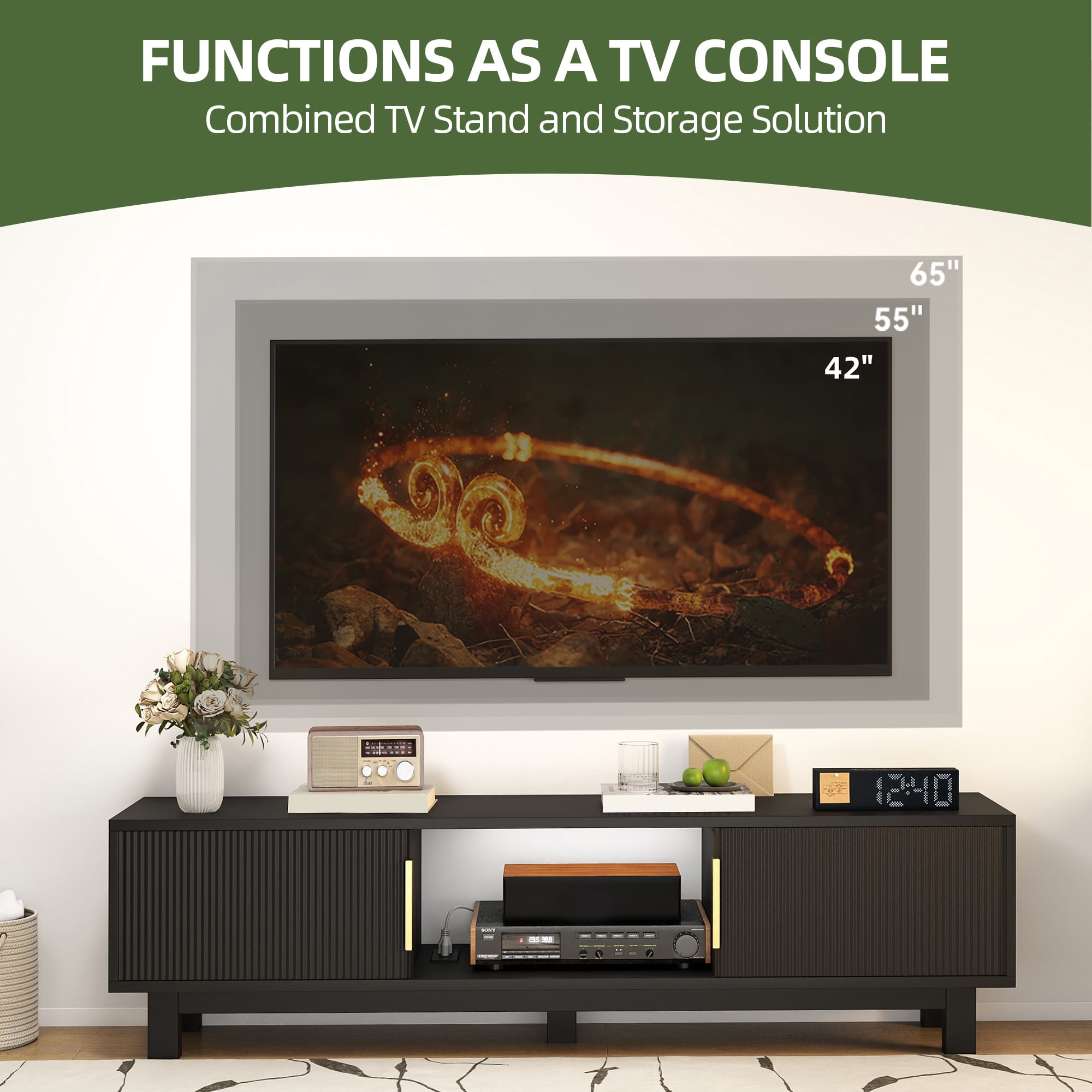 Uforic Fluted TV Stand for 65" TVs, Modern Living Room Media Console with Adjustable Shelf & Power Outlets, Black