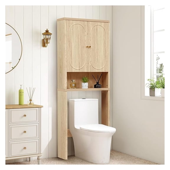 Fluted Over The Toilet Storage Cabinet, Bathroom Toilet Storage Cabinet with Door, Wood Curved Over The Toilet Space Saver Cabinets for Restroom Bathroom, Natural