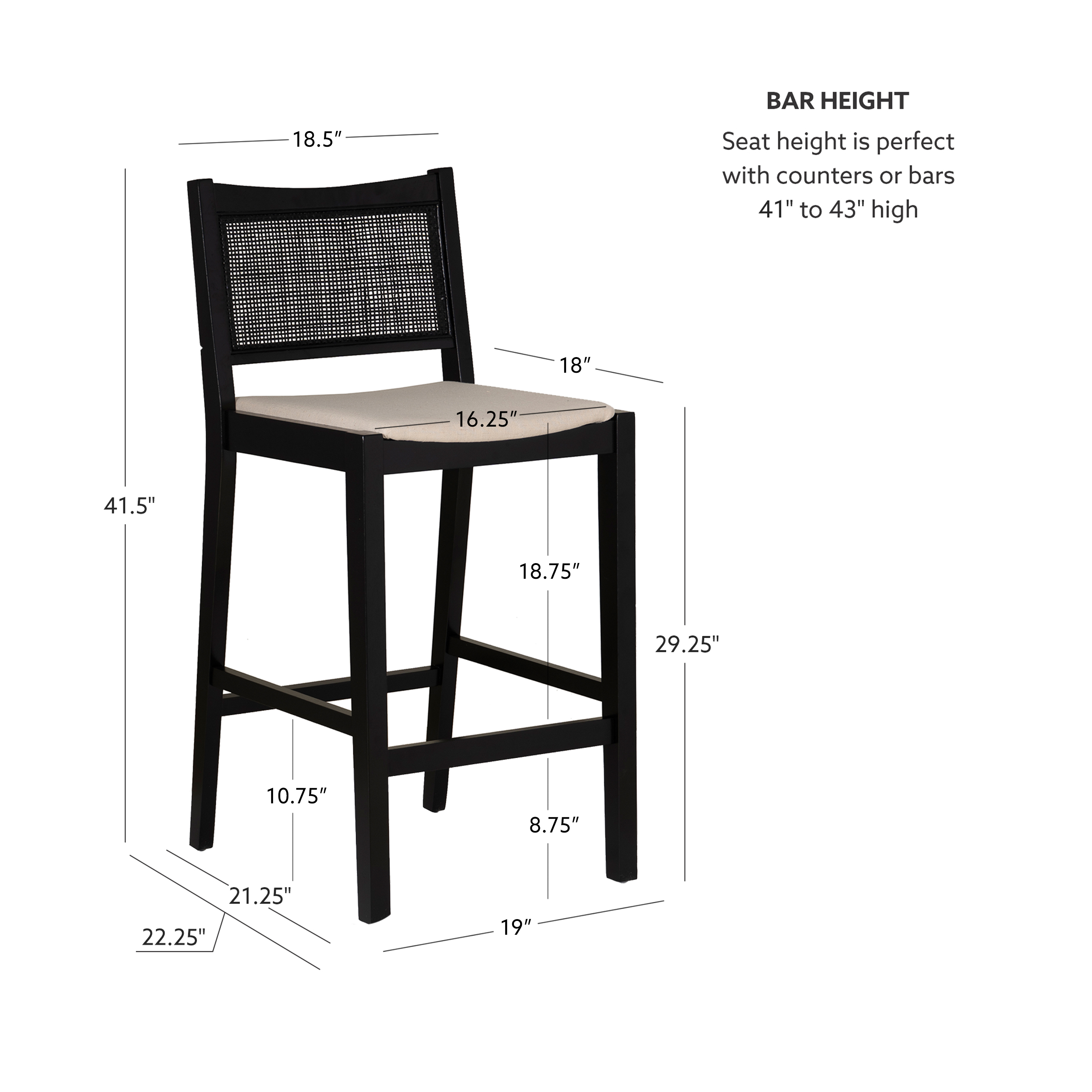Powell Bilberry 29" Indoor Low Cane-Back Wood Barstool, Set of 2, Black/Natural/Beige
