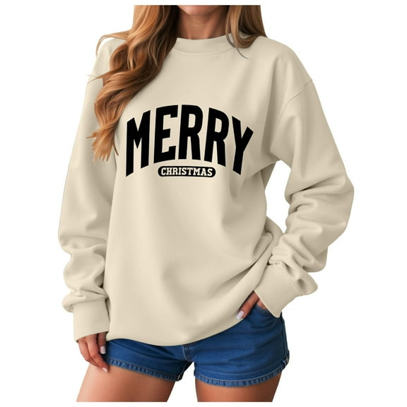 felwors Women's Merry Christmas Sweatshirt - Glitter Patch Letter Print, Long Sleeve Pullover Beige, S