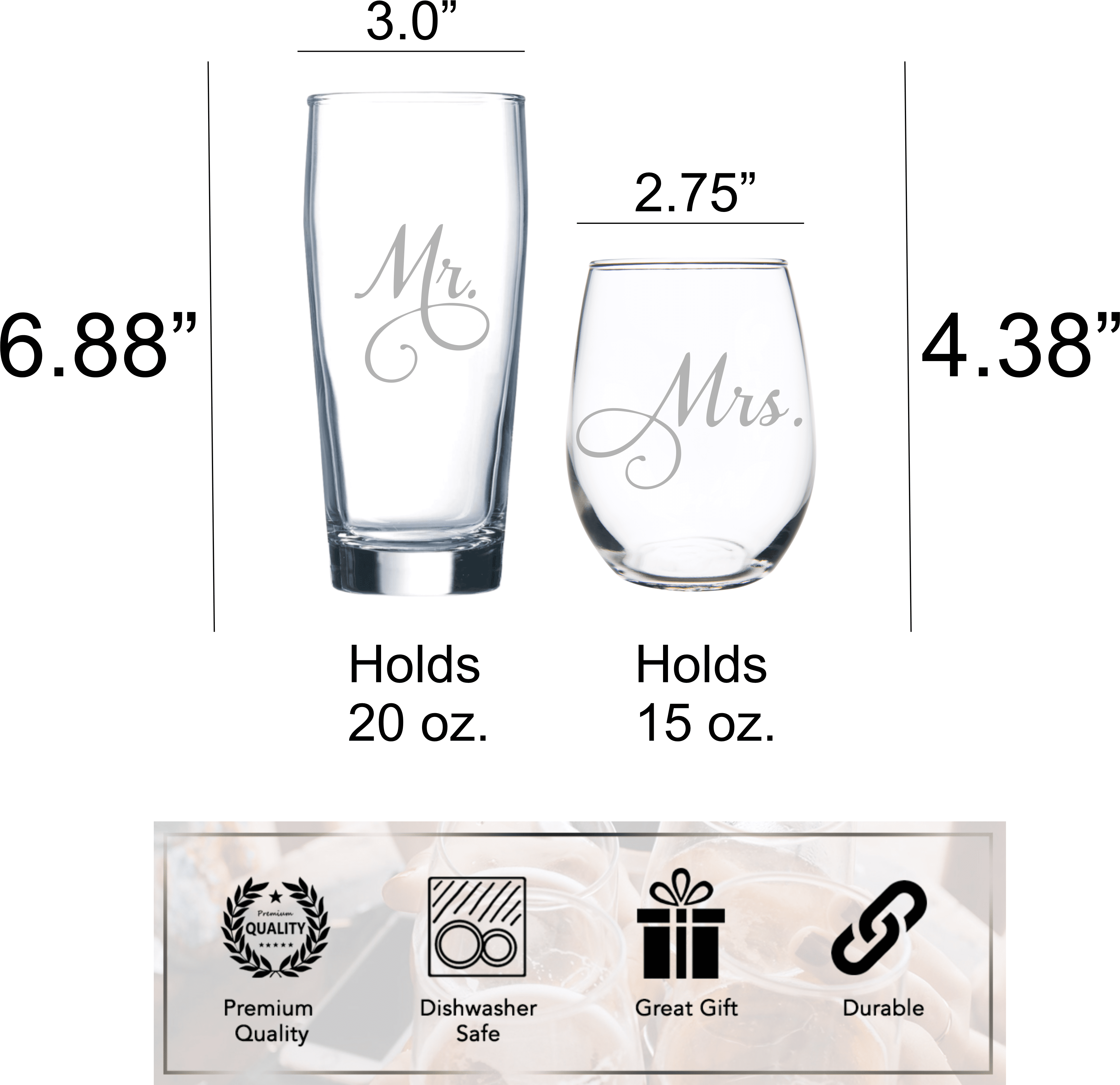 C&M Personal Gifts Mr. 20 oz Beer and Mrs. 15 oz Stemless Wine Glass Set of 2 - Bridal, Engagement, Weddings, Couple Gift