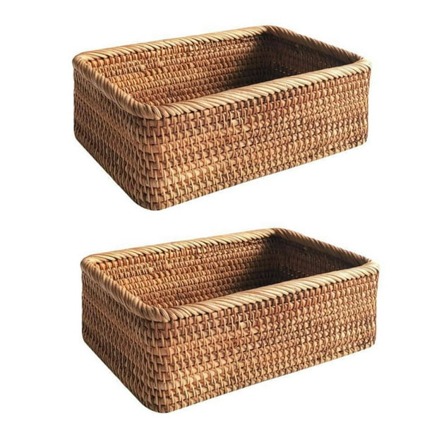 2X Cesta de Mimbre de Ratán Rectangular Tejida Una Mano, Té de Frutas, Aperitivo, Pan, Picnic, Caja de Almacenamiento de Cosméticos, Utensilios de Cocina para El Hogar-L