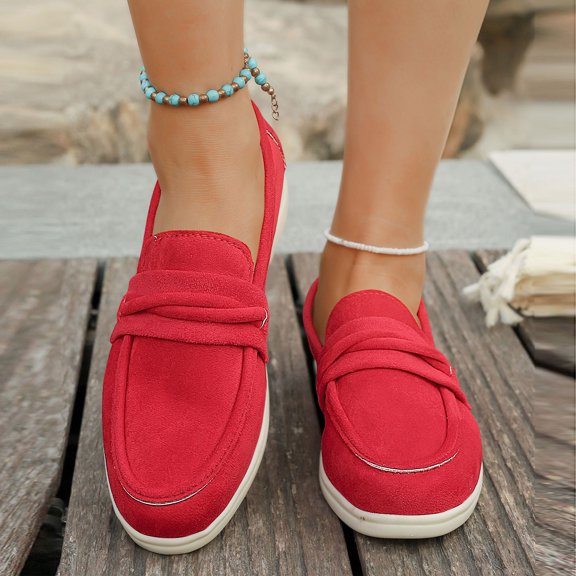 WAVSUF Women Flats LoaferS, Shallow Mouth Outdoor Wear Closed Toe Denim Leather Comfortable Walking Flats Shoes Red 9.5