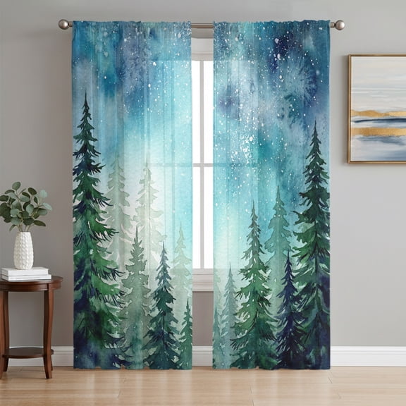 Teal Blue Sheer Curtains 84 Inch Length 2 Panels Set, Green Pine Trees Forest Voile Window Treatment Rod Pocket Curtains Sheers Drapes for Bedroom/Living Room/Kitchen 52"x84"x2