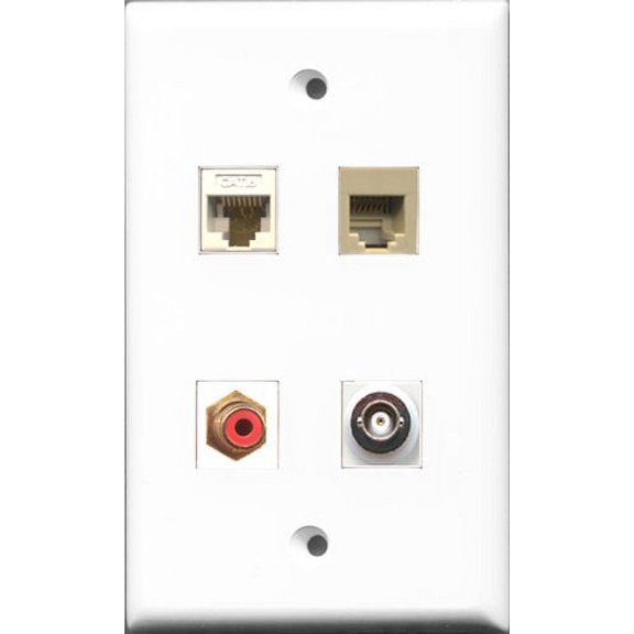 RiteAV 1 Port RCA Red and 1 Port Phone RJ11 RJ12 Beige and 1 Port BNC and 1 Port Cat6 Ethernet White Wall Plate