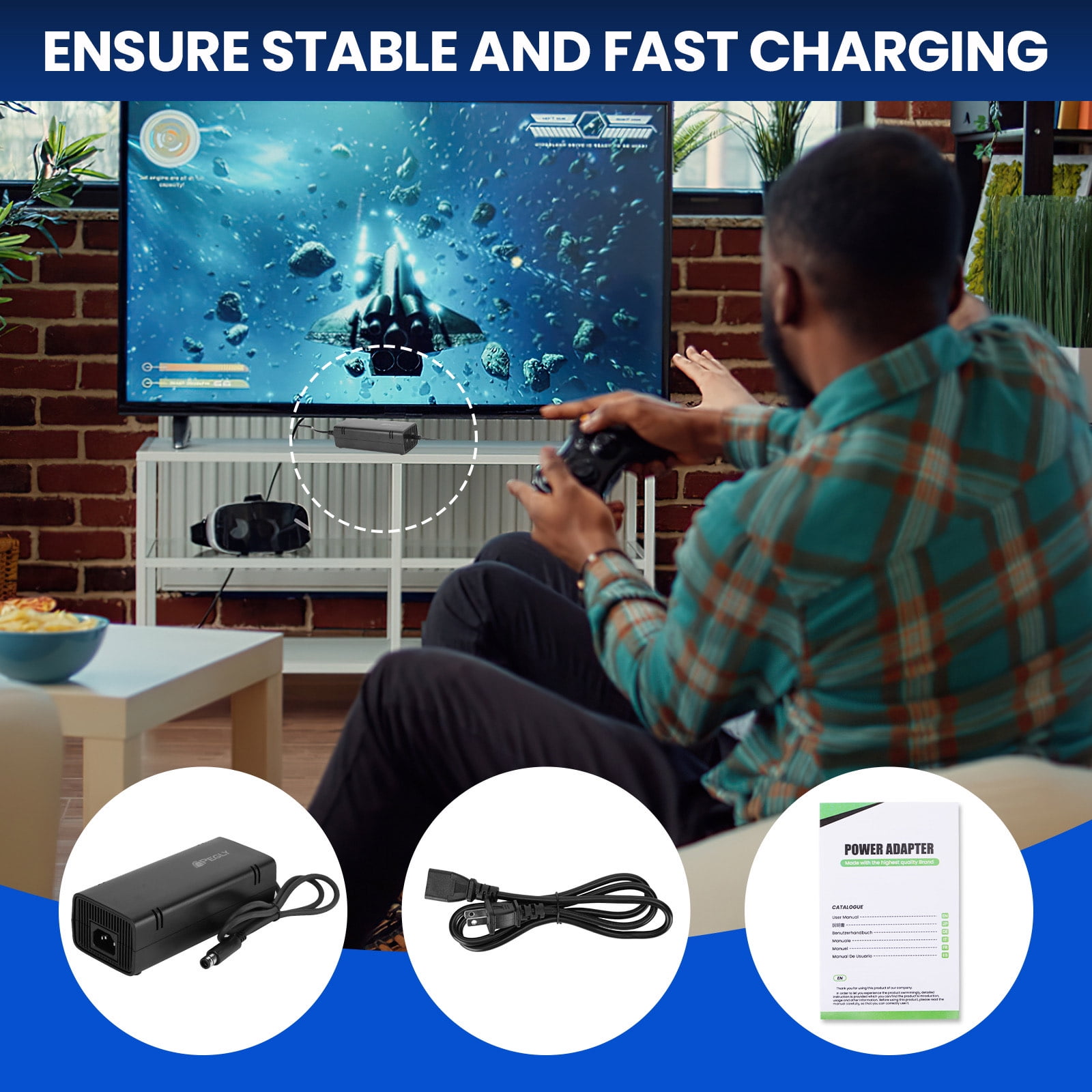 PEGLY Power Supply for Xbox 360 E, Power Supply Brick with Power Cord, AC Adapter Power for Microsoft Xbox 360 E Console, 100-240V