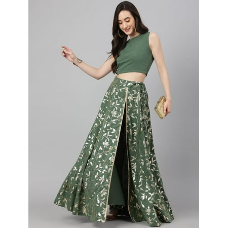 Janasya Indian Women's Olive Green Crepe Solid Lehenga Choli With Pant