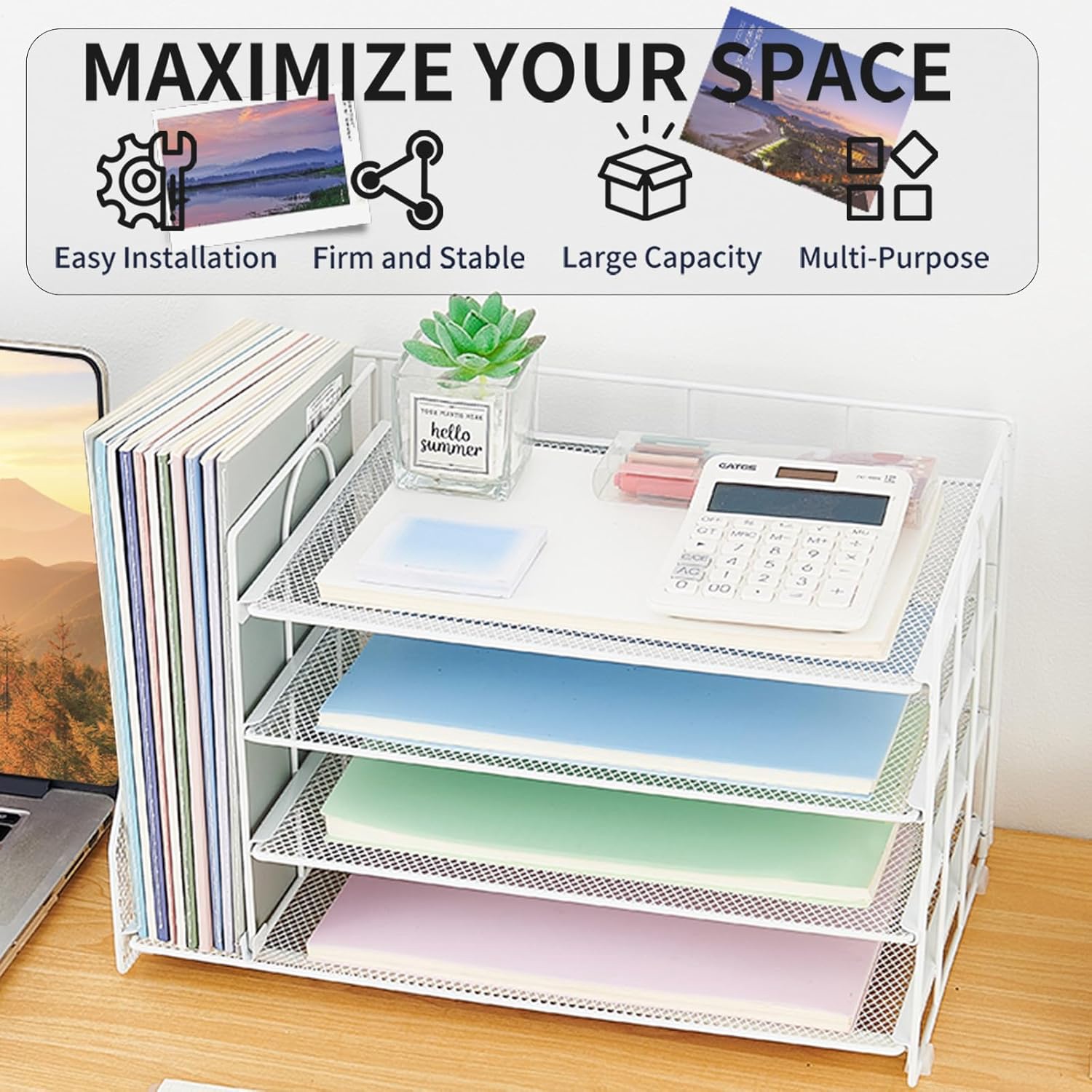 OPNCIE Desk Organizers and Accessories, 4 Tier Paper Letter Tray File Organizer, Office Organization Storage Desk Accessories Workspace Desktop Organizer for Classroom Office Supplies Decor, White