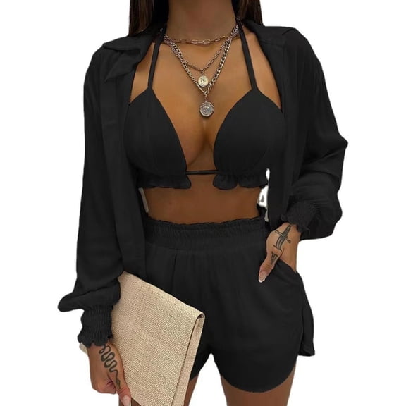 ZPAQI Women's 3 Pieces Swimsuit Hawaiian Bathing Suit Floral Print Blouse Mini Shorts