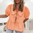 thumbnail image 2 of JGGSPWM Women's Tie Front Top Short Puff Sleeve Peplum Shirt Y2K Cute Ruffle Hem Babydoll Blouse Lapel Doll Collar Stripe Summer Shirt Orange XL, 2 of 8