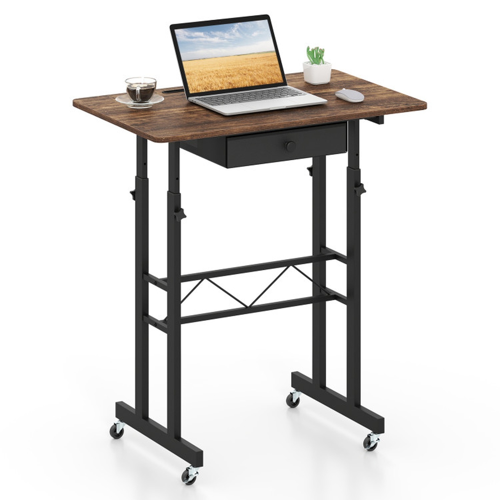 Furnibear Height Adjustable Standing Laptop Desk with Fabric Drawer Tablet Holder Lockable Wheels and Sit Stand Design for Home Office, Rustic Brown