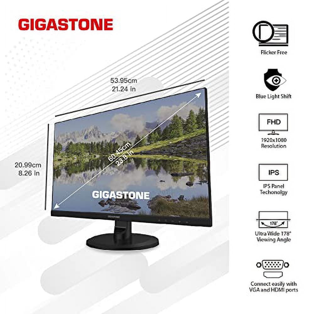 Gigastone 23.8 inch IPS Computer Monitor, FHD 1080p 75Hz PC Monitor, 3-Sided Frameless 178° Wide Viewing Angle, 5ms Response Time Gaming Monitor, Tilt Adjustment, World Class Eye Care Technology