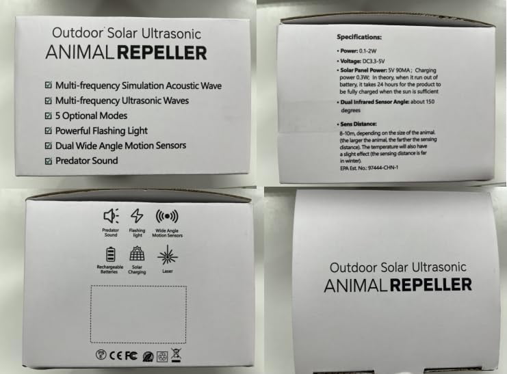 Kqiang 2pcs  Solar Ultrasonic in Repellent Defender Rat, Squirrel, Deer, Raccoon, Skunk, Rabbit, Mole, Dog, Cat, with Motion Detector LED Flash Lights for Yard Lawns Garden